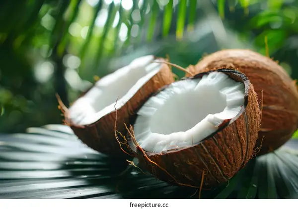 Coconut halves on palm leaves with blurred palm trees in the background