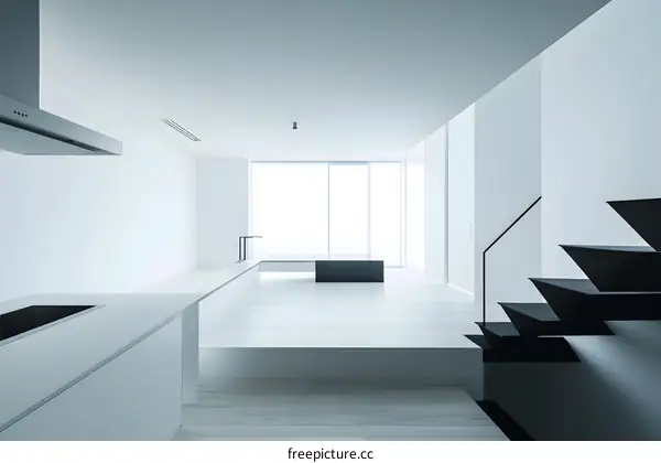 Modern Minimalist Interior Design with Black Staircase and White Kitchen