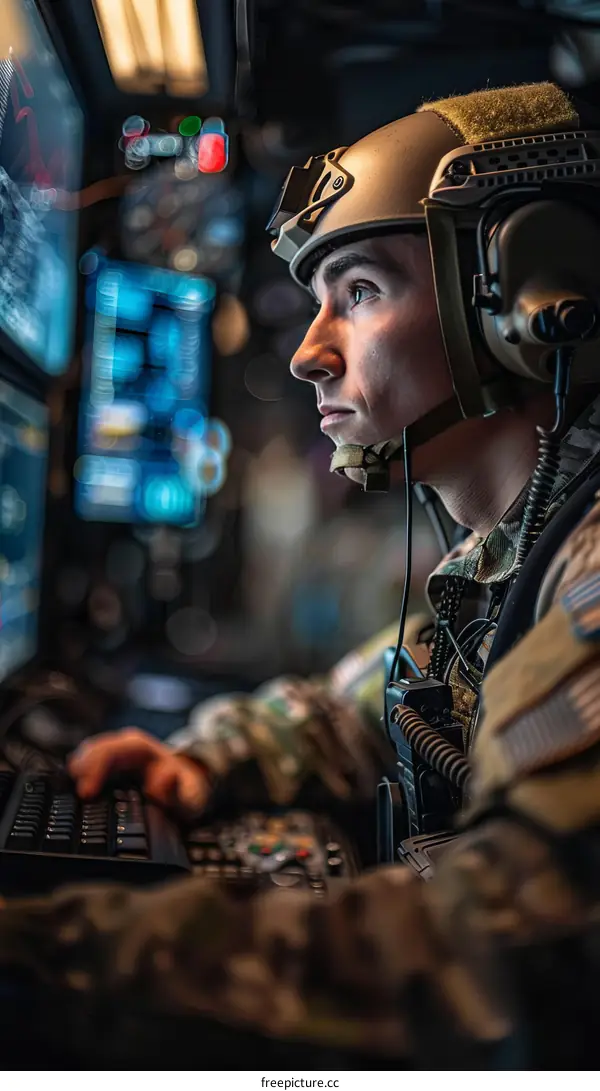A soldier wearing a helmet and headset operates a computer system.