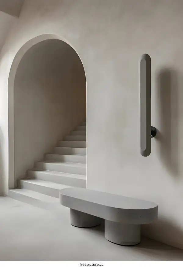 Minimalist Concrete Interior Design With Stone Bench And Arched Entrance