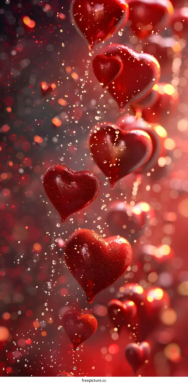 Red heart-shaped balloons with water drops on red gradient background