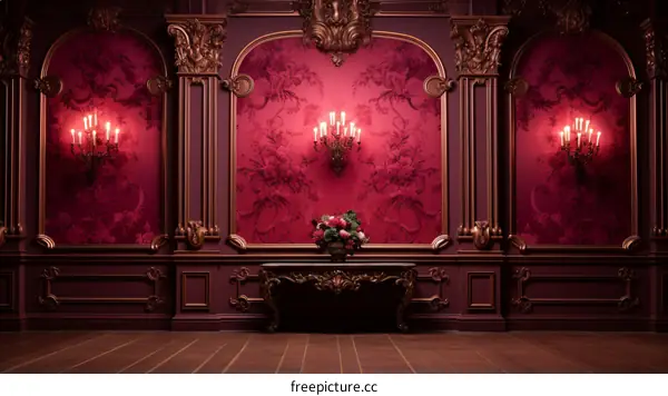 Ornate red room with a table and vase of flowers