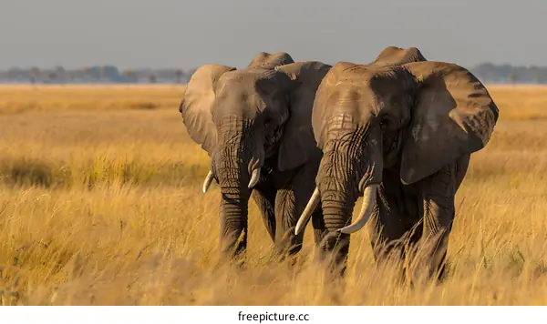 Two elephants walking through the tall grass in the African savanna