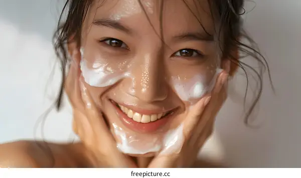 Young Asian Woman Washing Face With Foam
