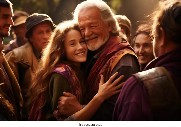 An old man and a young woman hugging, with a crowd of people in the background