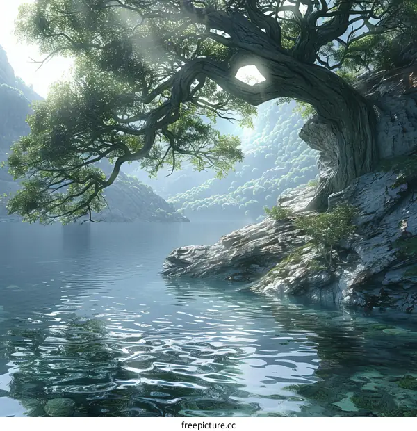 Magical Lake Environment with Towering Tree and Mountain Range