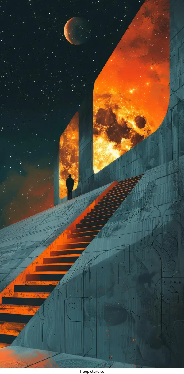 Man looking at the red moon from a high place