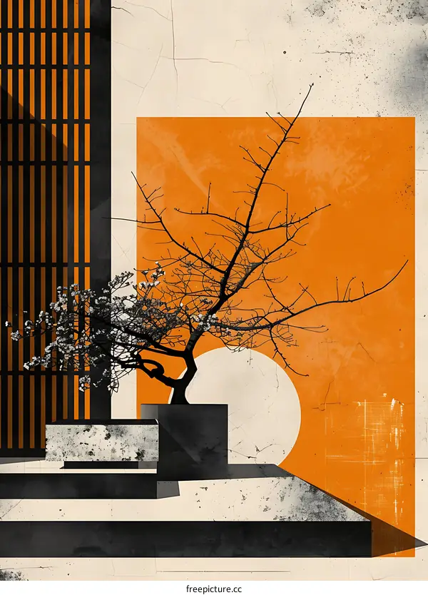 Minimalist Geometric Art Print with a Tree and Abstract Shapes