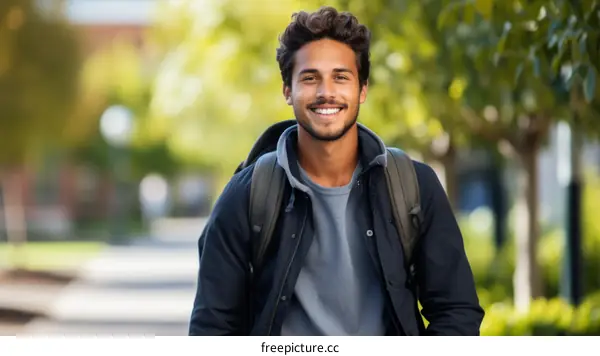 A young male college student with a backpack smiling