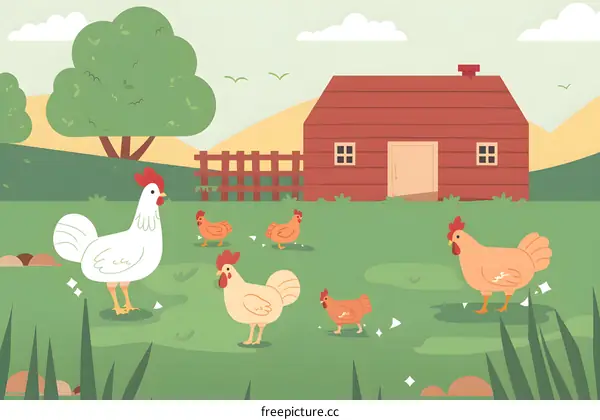 Cute Chickens In Farm Yard Illustration