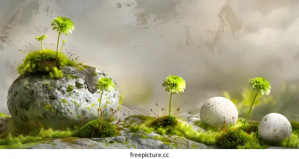 Green Flowers Growing On Rocks Covered With Moss