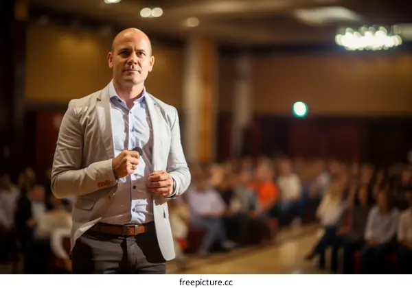A man giving a speech in front of an audience.