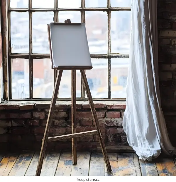 Empty Wooden Easel Against Brick Wall With White Curtain