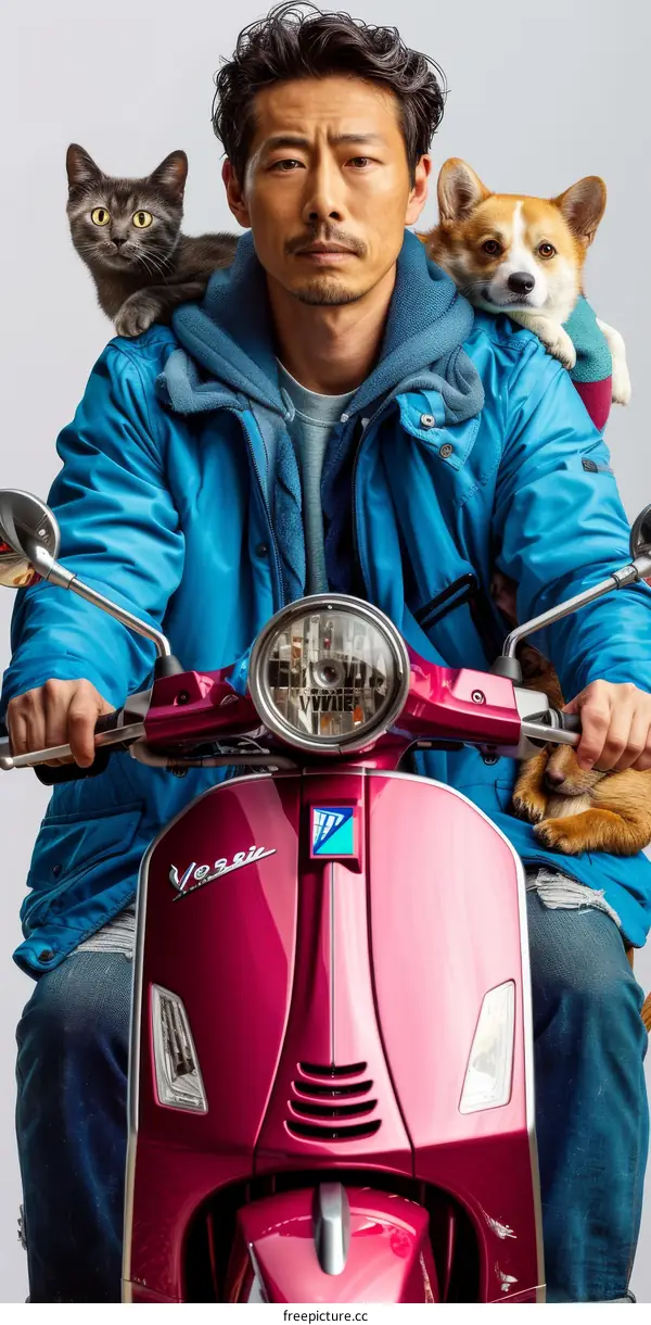 A Man with a Cat and a Dog on a Scooter