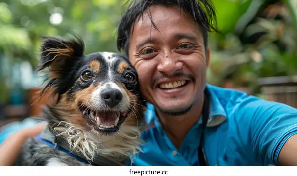 A smiling man and his dog take a selfie together