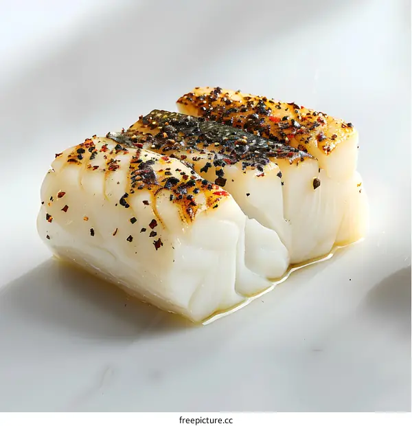 A piece of cod fish fillet with spices on a white marble surface