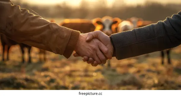 Two farmers shaking hands in a field of cows