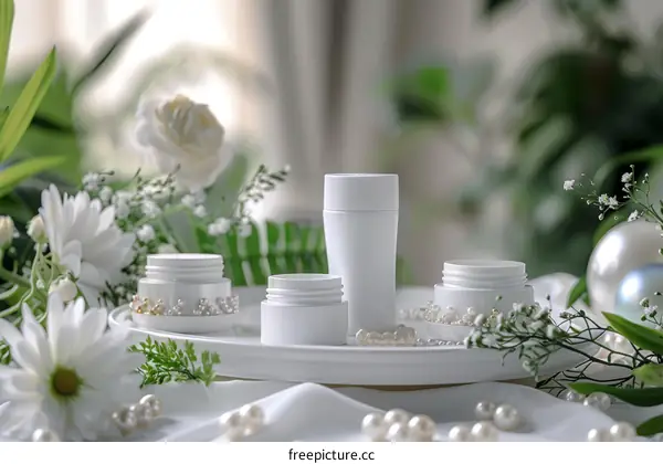 White Cosmetic Bottles with Pearl & Floral Accents