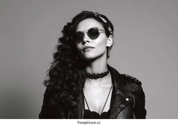 A stylish woman with curly hair and leather jacket posing