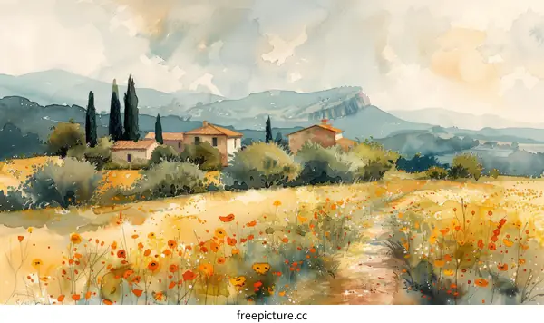 watercolor painting of a rural landscape with a field of flowers in the foreground and a mountain range in the background