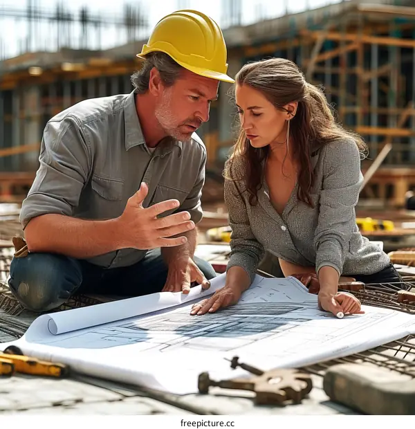 Construction workers discussing blueprints on site