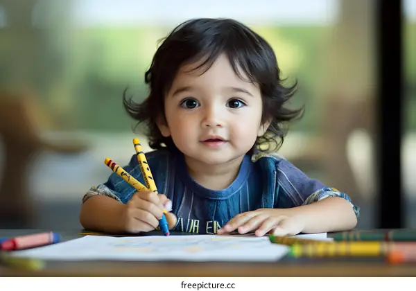 Little Boy with Crayons Drawing
