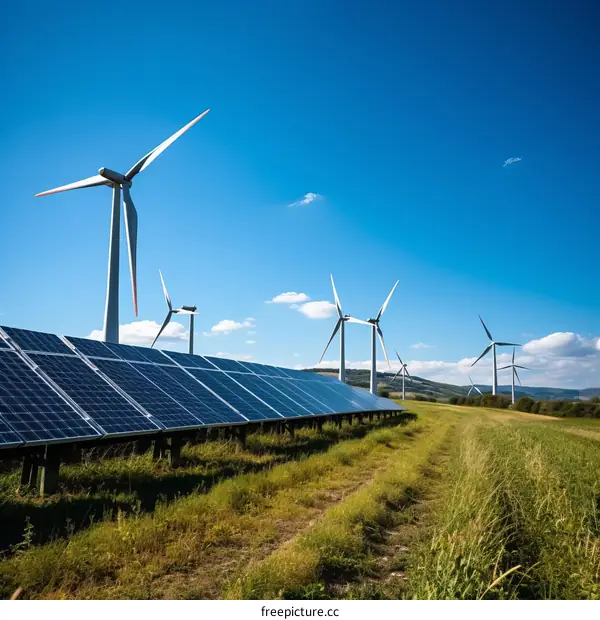 A field of solar panels and wind turbines.