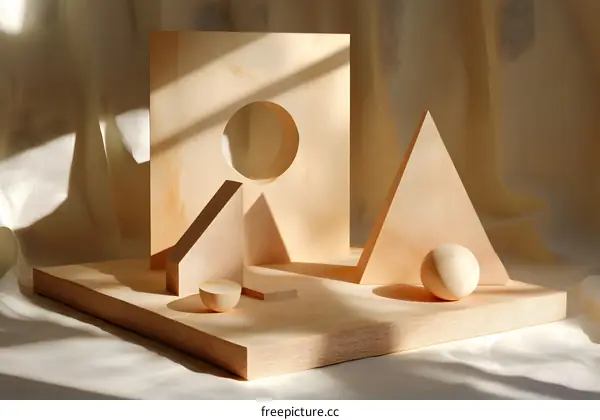 Wooden Geometric Shapes and Shadows Still Life