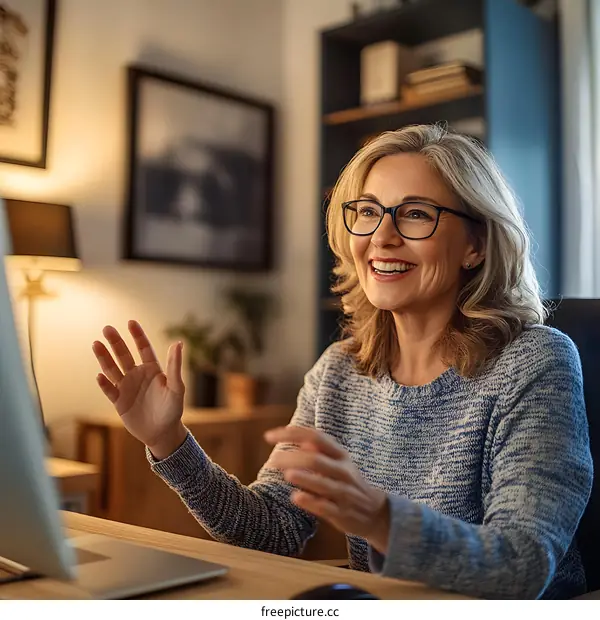 Happy Woman In Glasses Talking On Video Chat