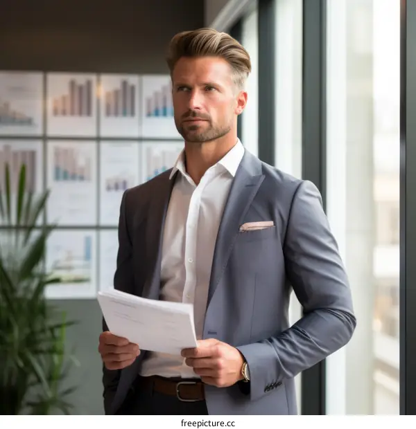 A businessman looking out the window thoughtfully