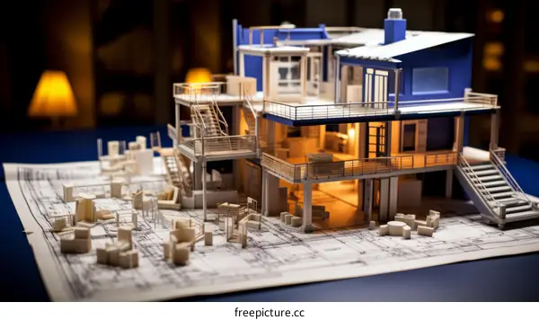 A 3D model of a modern house with a blueprint