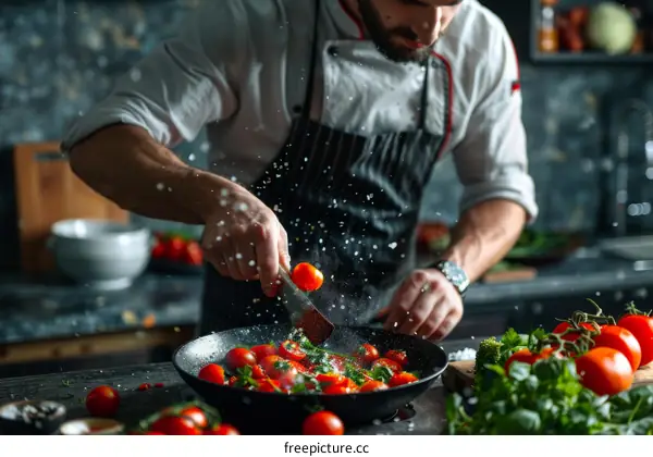 Professional chef tossing cherry tomatoes into a hot pan