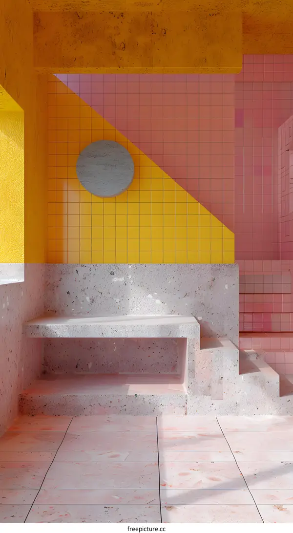 A room with pink and yellow tiled walls and a terrazzo bench