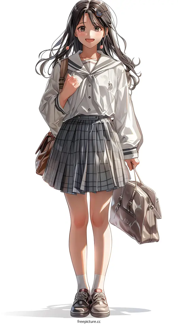 anime girl with long black hair and grey skirt