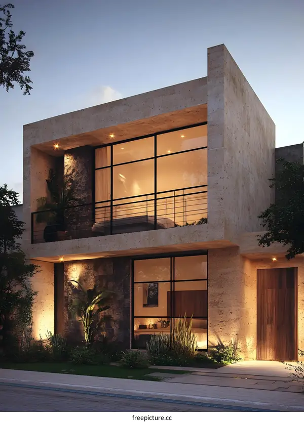 Modern Minimalist Two Story House Exterior With Large Windows And Stone Walls