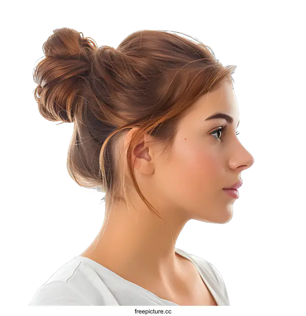 [Transparent Background PNG]portrait of a young woman with brown hair in a bun