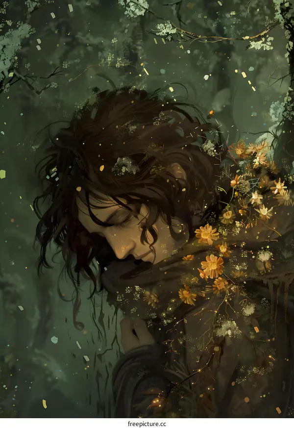 Man with Flowers in His Hair  Surrounded by a Green and Golden Forest