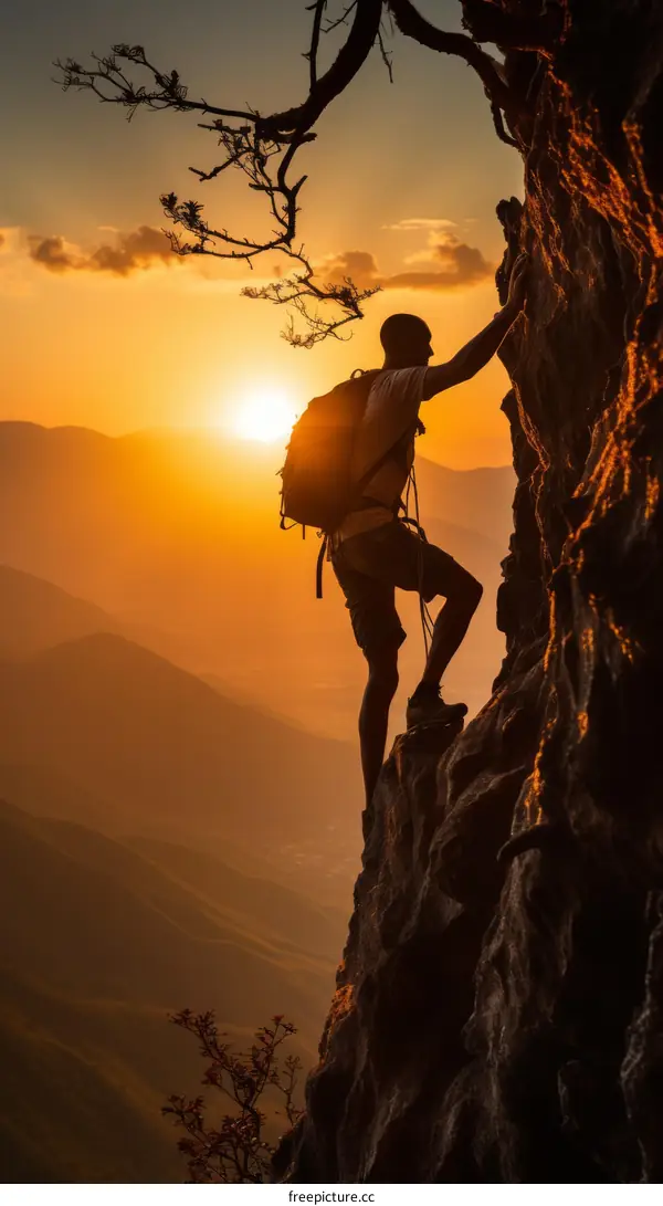 Man climbing a rock face with a beautiful sunset in the background