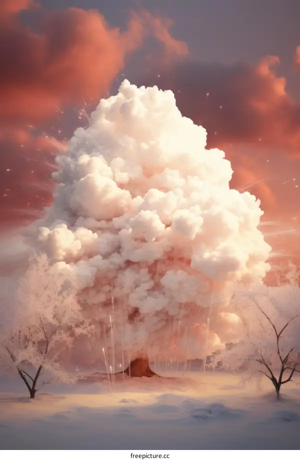 Fantasy pink snowy winter wonderland tree with falling snow