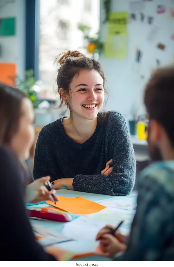 Young Woman Smiling at her Friends While Sitting at a Table
