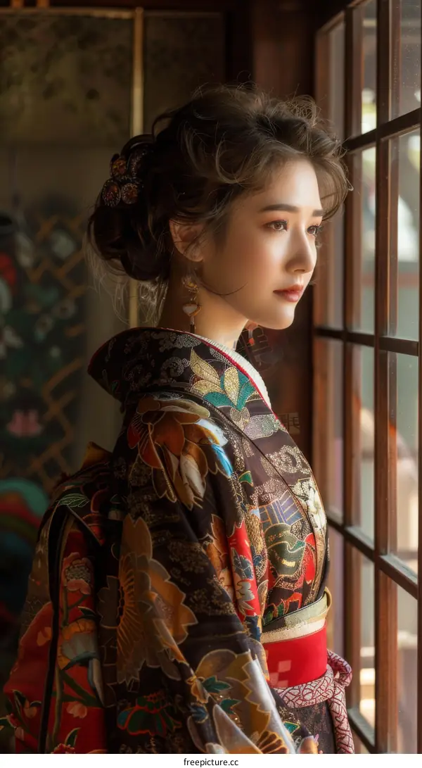 A beautiful Japanese woman wearing a kimono is looking out the window