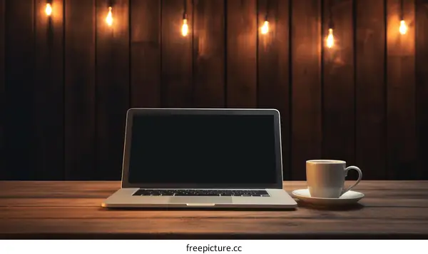 Laptop and Coffee on a Wooden Desk in a Cozy Cafe