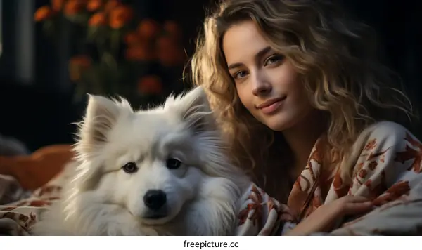 A young woman and her white dog are sitting on a couch and looking at the camera.