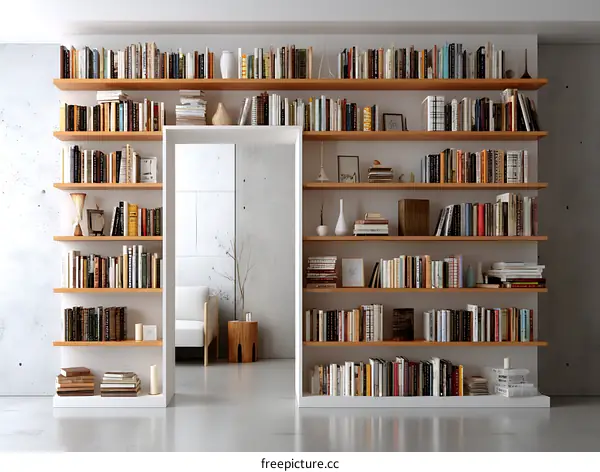 Modern Wooden Bookshelves Filled with Books