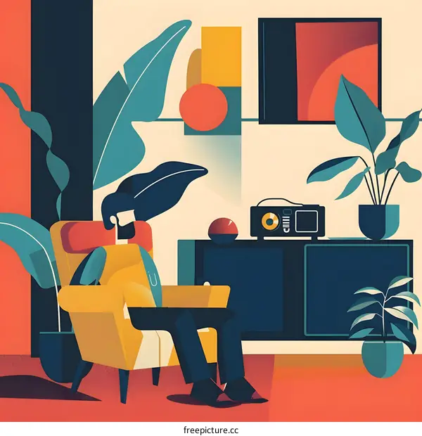 Man Relaxing in Armchair with Plants and Stereo System in a Room with Colorful Geometric Shapes