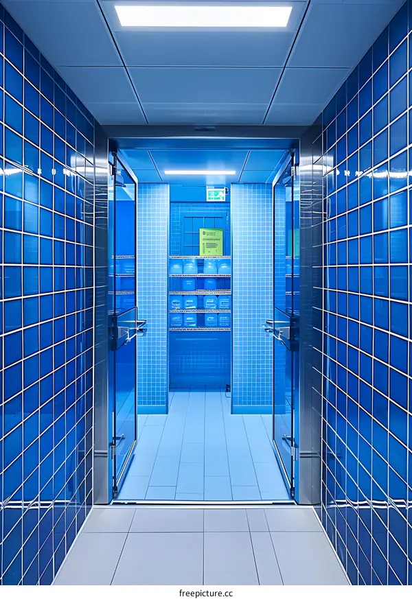 Blue Tiled Corridor with Glass Doors and Storage Room