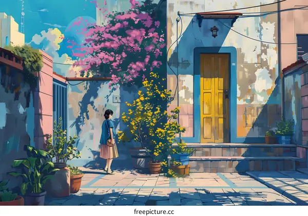 Woman Standing in Front of Yellow Door in Colorful Alleyway