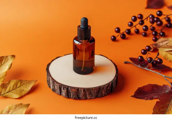 Autumn Skincare Serum Bottle on Wooden Slice