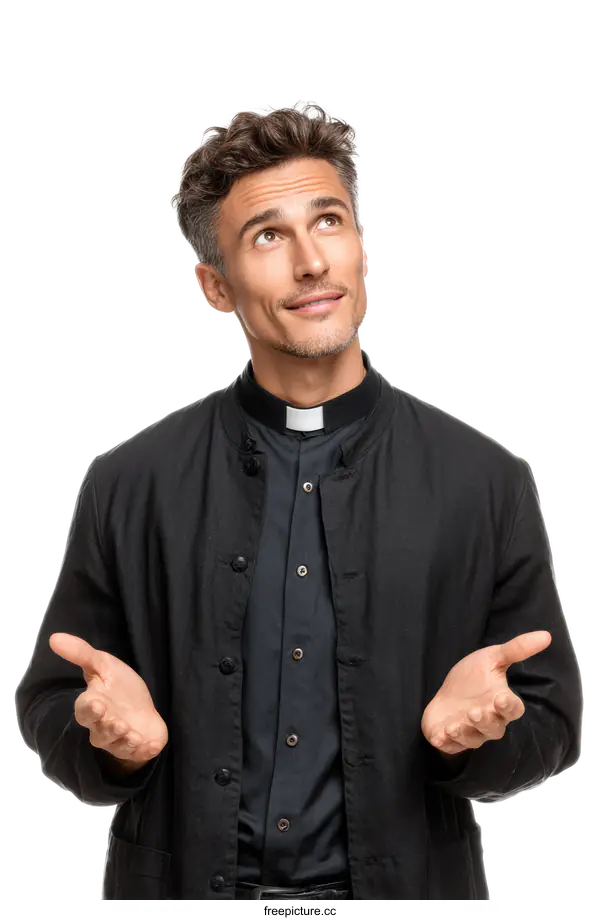 [Transparent Background PNG]Priest Looking Upward with Open Palms