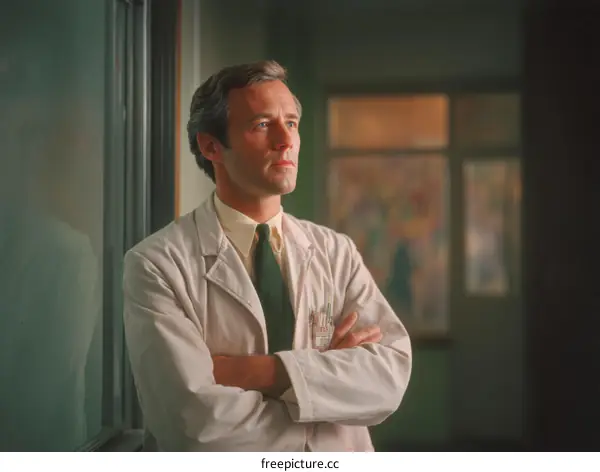 Caucasian Male Doctor Posing in Hospital Corridor
